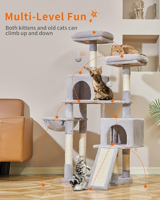 Taoqimiao 56.3-Inch Cat Tree, Cat Tower with Scratching Posts, Cat Tree House for Indoor Cats with hammocks, Toys, Condo and Large Scratch Board, Light Gray MS012W