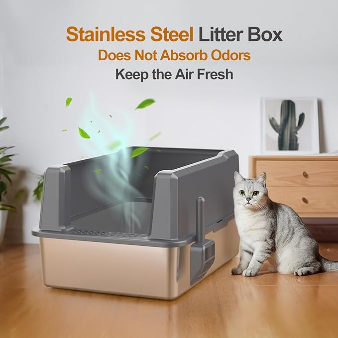 XXXL Stainless Steel Litter Box with Lid, 28" L x 20" W x 14" H Extra Large Cat Litter Box, Enclosure Metal Cat Litter Pan with High Side, Non-Stick, Anti-Leakage, Easy Clean for Big and Multiple Cats