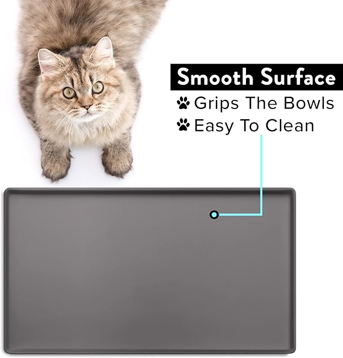 CatGuru Cat Food Mat, Small & Large Feeding Mats, 100% Waterproof Silicone Pet Placemat, Non-Slip Cat Food and Water Bowl or Water Fountain (Large, Carbon)
