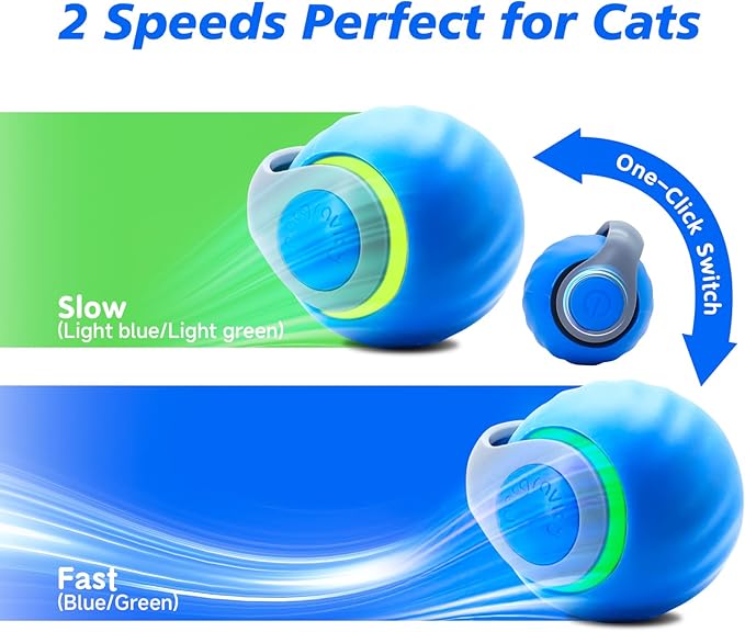 Interactive Cat Toy for Indoor Cats, Speedy Ball with Tail, Automatic Moving Cat Balls for Bored Indoor Adult Cats, 360°Automatic Rolling Ball Toy, Two Speed Adjustment（Blue）