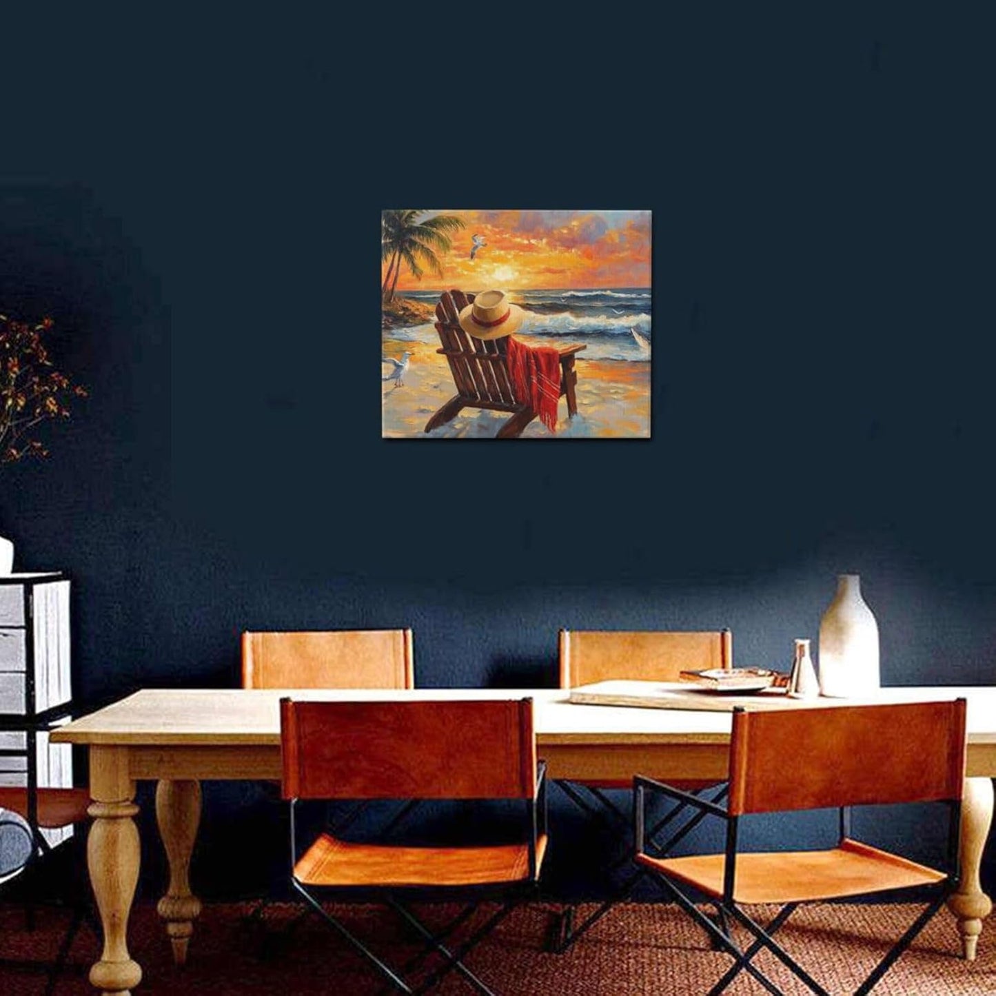 Beach Coastal Bathroom Pictures Wall Art, Seaside Ocean Bathroom Wall Decor, Sunrise Palm Framed Painting Canvas Artwork for Bedroom Living Room Decorations 24"L x 20"W