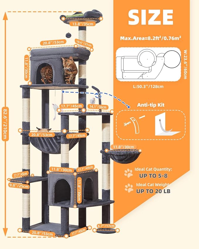 Taoqimiao MS032G 83In Cat Tree for Indoor Cats Large Adult, XXL-Cat Tower, Suitable 20lb+ Heavy Duty Large Cats, 2 Luxurious Cat Cando with 8 Scratching Posts,Oversized Metal Hammocks,Smoke Gray