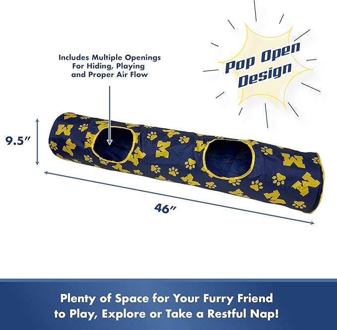 NCAA Michigan Wolverines Cat Tunnel Tube Toy with Plush Football Catnip and Feathers