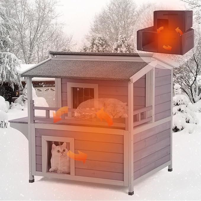 Insulated Cat House Outdoor, Weatherproof Kitten Home with Large Balcony and Funny Stairs, Wooden Feral Cat Shelter with Two Rooms