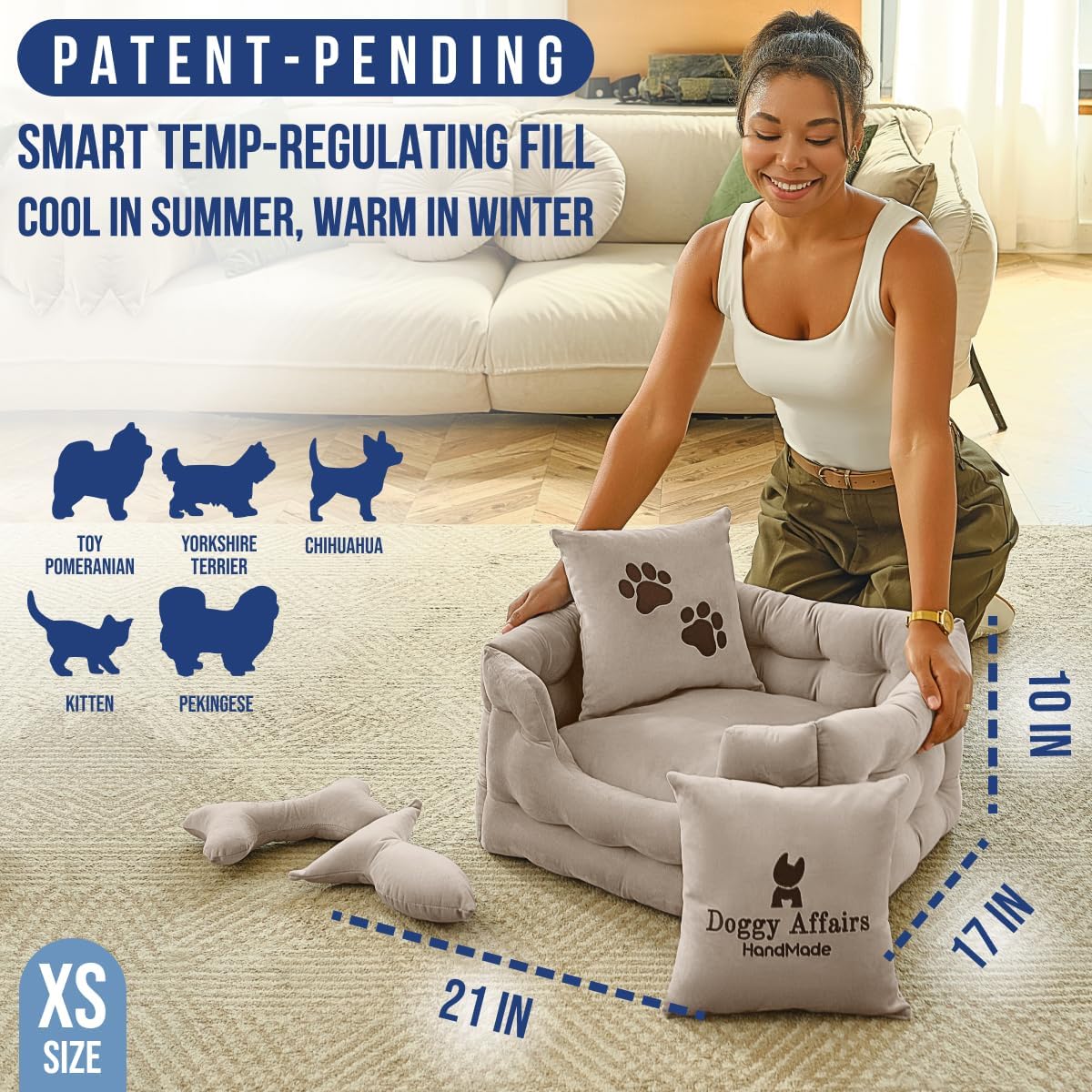 Luxury Dog Bed Chesterfield – Handcrafted Velvet Throne for Dogs | Joint Support, Calming & Temp-Regulating Comfort | Durable 5+ Years, Anti-Claw, Washable 100+ Times –Ivory, Size: XS