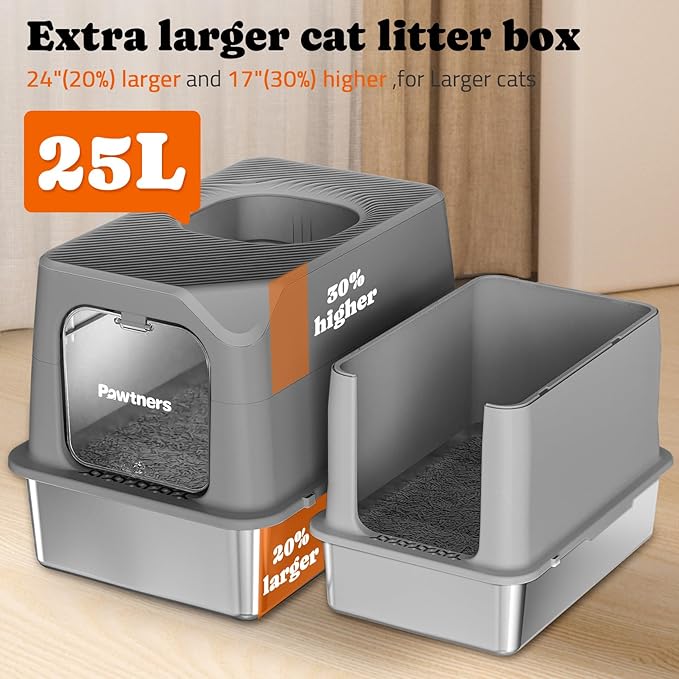Pawtners Stainless Steel Cat Litter Box, XL Extra Large Enclosed Kitty Litter Pan, Front Entry Top Exit Hooded Metal Cat Toilet for Odor Control with Removable Lid & Scoop, Anti-Leakage, Easy to Clean
