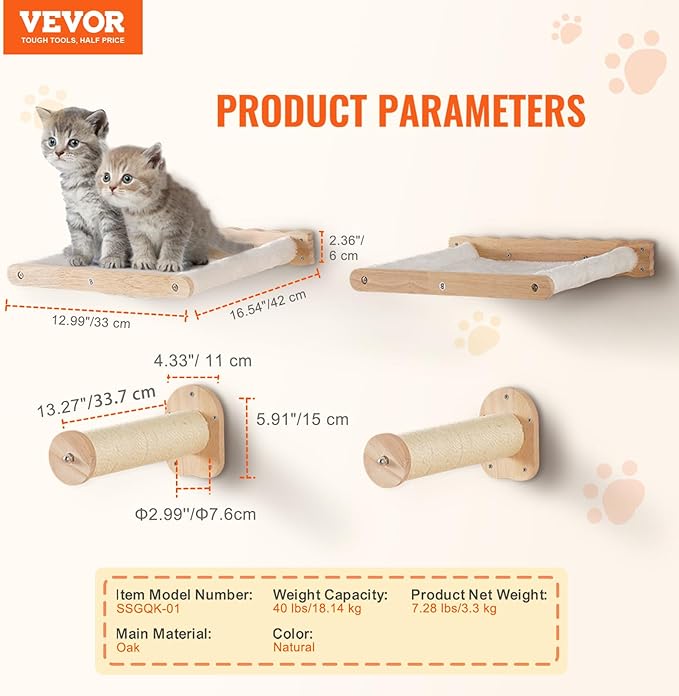 VEVOR Wall Mounted Cat Shelves, Perches with Jumping Posts & Hammocks, Cat Furniture Set up to 40 lbs, Removable & Washable Coral Fleece for Sleeping, Playing, Climbing, Set of 4