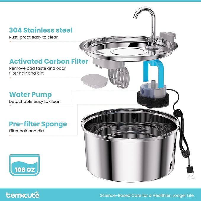 Tomxcute Cat Water Fountain, 3.2L/108oz Automatic Stainless Steel Pet Fountain Dog Water Dispenser, Ultra-Quiet Pump and 3 Replacement Filters & for Cats, Dogs, Multiple Pets