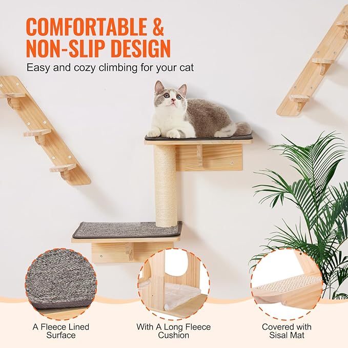 VEVOR Wall Mounted Cat Shelves, Perches with Jumping Boards,Hammocks & Cat Tree, Cat Furniture and Shelves up to 40 lbs for Sleeping, Playing, Climbing, Set of 7