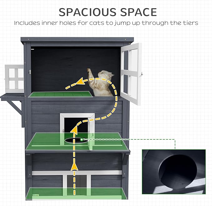 PawHut 3-Story Cat House Feral Cat Shelter, Outdoor Kitten Condo with Raised Floor, Asphalt Roof, Escape Doors, Jumping Platforms, Dark Gray