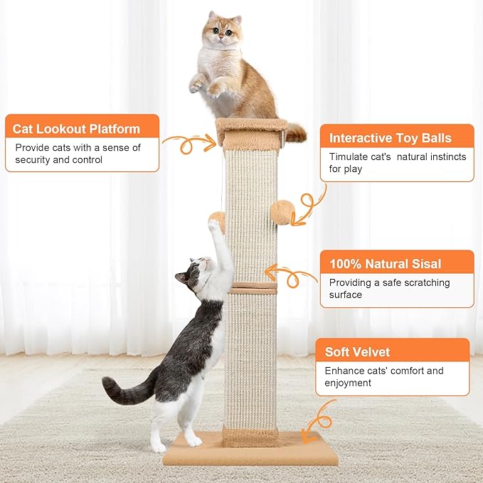 Cat Scratching Post 33 Inch Nature Sisal Cat Scratch Post for Indoor Cats, Large Cat Scratcher Protect Your Furniture Orange