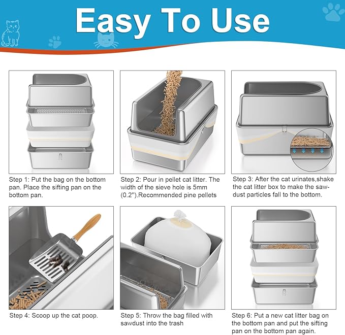 XXL All Stainless Steel Sifting Litter Box with Lid,Sifting Cat Litter Box for Wood Pine Pellets,16''High Sides Sifter Litter Pan System,Odor Control,Easy to Clean,with Liners and Scoop