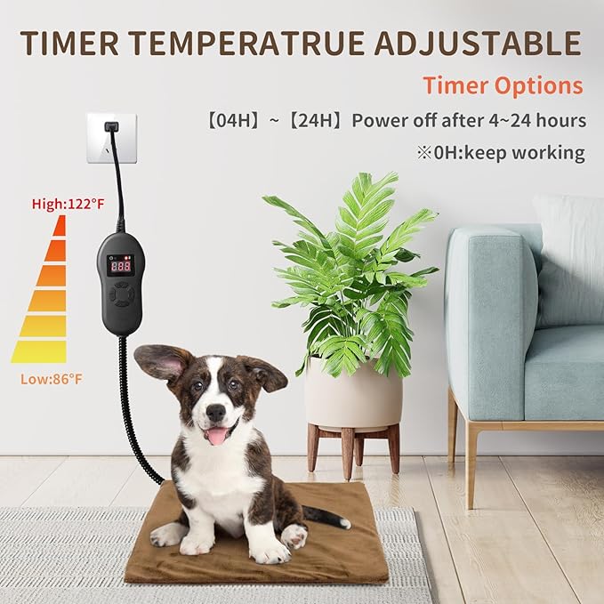 NAMOTEK Pet Heating Pad with Timer, Adjustable Temperature, Waterproof, Chew Resistant Cord, Auto Power-Off, Electric Indoor Heated Mat for Dogs and Cats