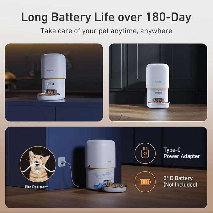 Automatic Cat Feeder - 4L Timed Auto Pet Feeder for Cat and Dog with Dry Food Dispenser, 180-day Battery Life, 1-6 Meals Per Day, 1-16 Portion, Desiccant Bag Keeps Food Fresh