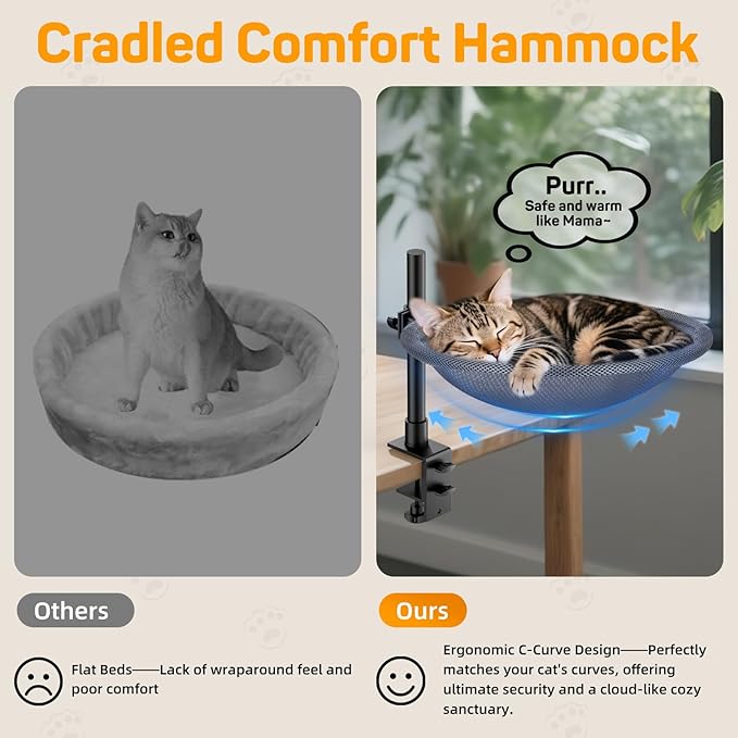 Cat Desk Bed & Perch - Breathable Soft Mesh Cat Hammock Nest for Home Office Desk, 360° Flexible Adjustable, Holds Up to 60 lbs for Gaming/Study Table (Grey)