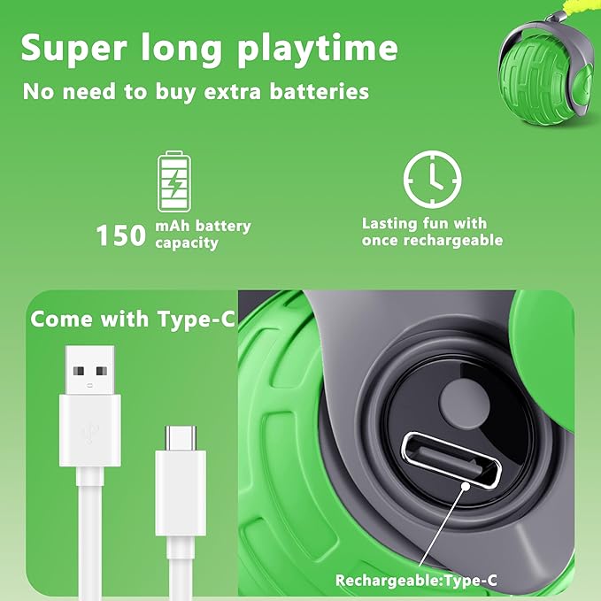 Cat Toys,Interactive Cat Toys Ball for Bored Indoor Cat,Automatic Rolling,Drop Resistant and Obstacle Avoidance,2 Modes Adjustment,Fluffy Tail and USB Type-C Rechargeable（Green）