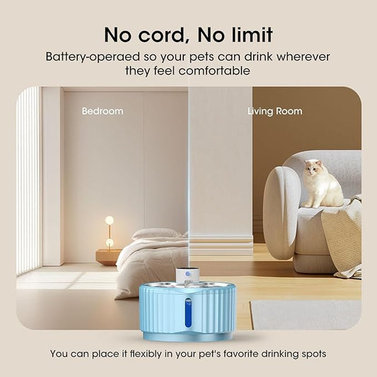 Wireless Cat Water Fountain, 94 oz/2.8 L Battery Operated Pet Water Fountain for Cats Inside, Automatic Dog Water Fountain with Stainless Steel Tray, Motion Sensor, Quiet Pump (Blue)