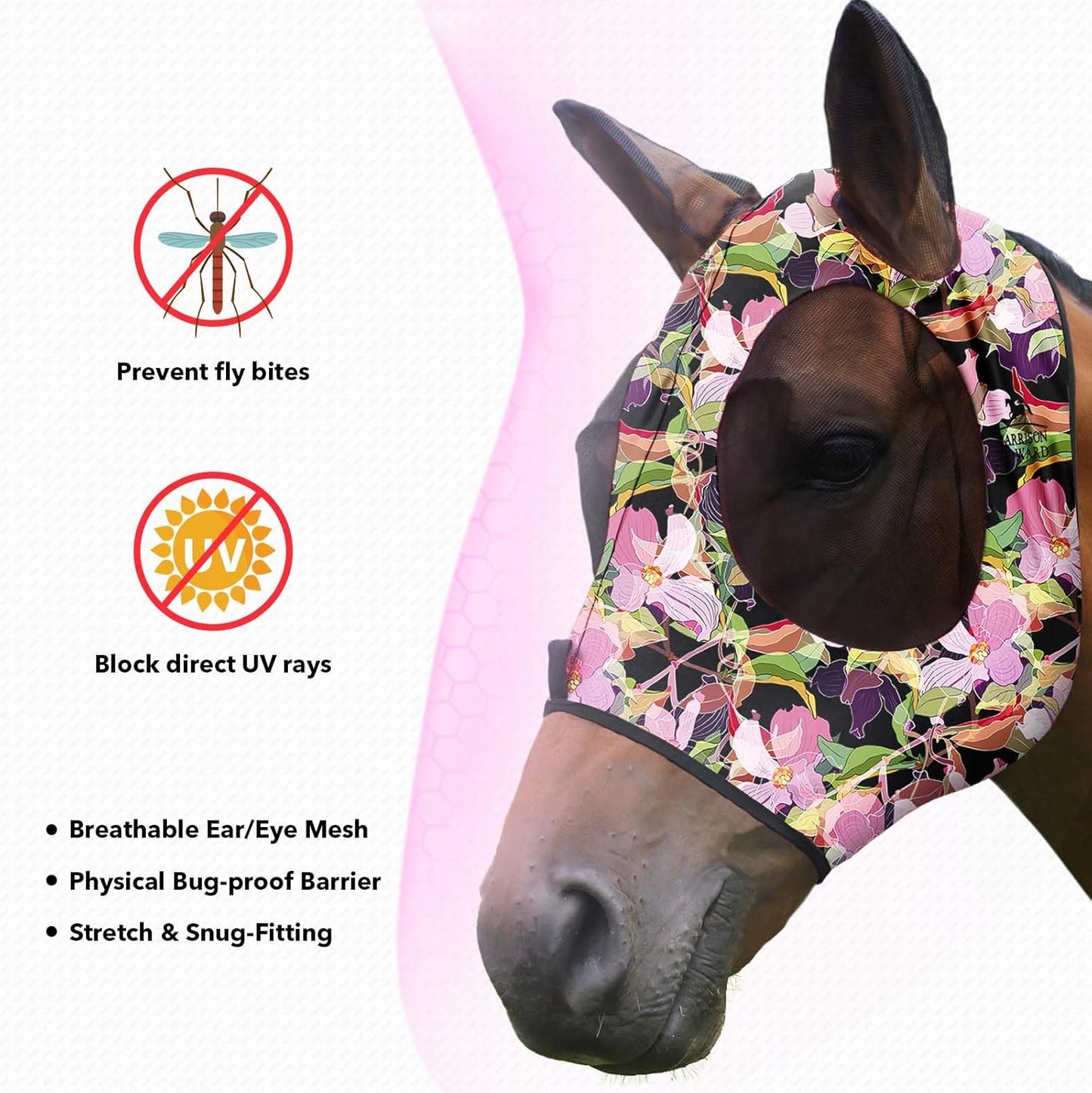 Harrison Howard Super Comfort Stretchy Fly Mask Large Eye Space with UV Protection Soft on Skin with Breathability Blossom Vibe S