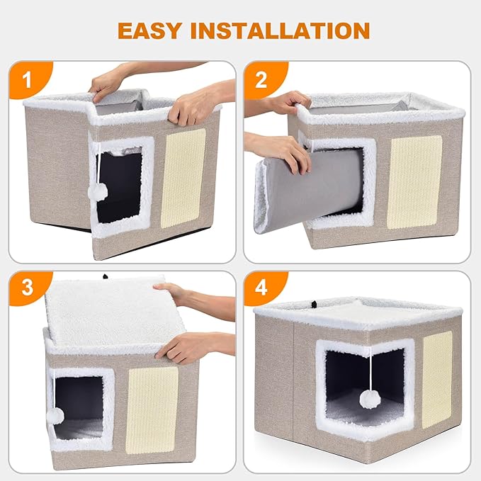 petizer Cat Bed for Indoor Cats, Large Covered Cat House with Scratch Pad, Foldable Cat Cave Bed & Hideaway Cube with Reversible Cushions, Cute Cat Condo for Multi Small Pet Kitten (Khaki)