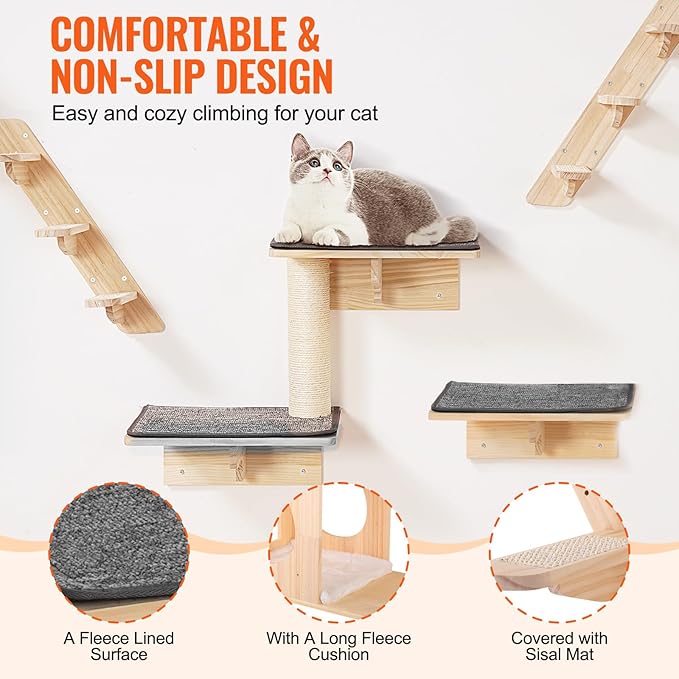 VEVOR Wall Mounted Cat Shelves, Perches with Jumping Boards,Hammocks & Cat Tree, Cat Furniture and Shelves up to 40 lbs for Sleeping, Playing, Climbing, Set of 9