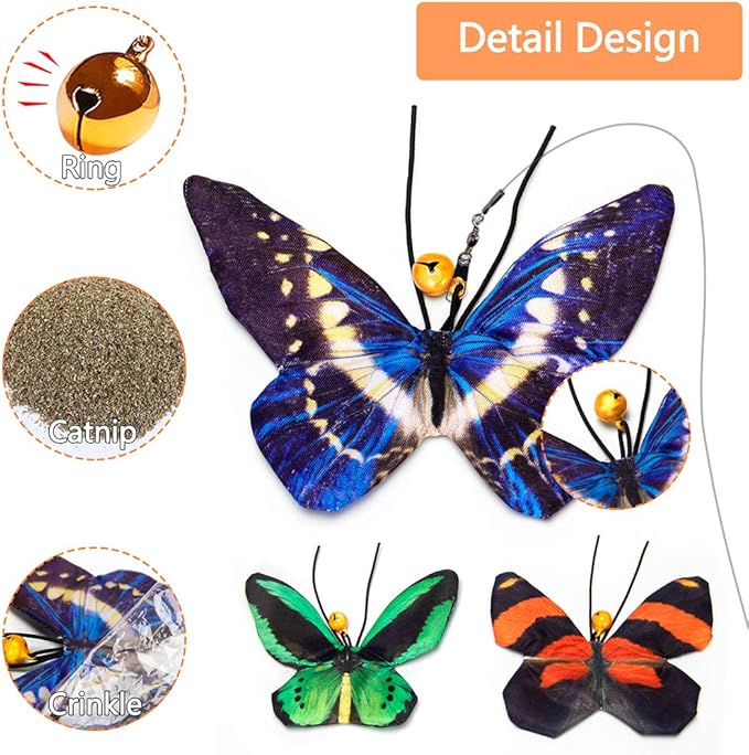 AWOOF Butterfly Cat Wand Cat Toys Set, Realistic Crinkle Catnip Butterflies Kitten Toys with Retractable Interactive Cat Wand 11 PCS Cat Toys for Indoor Cats