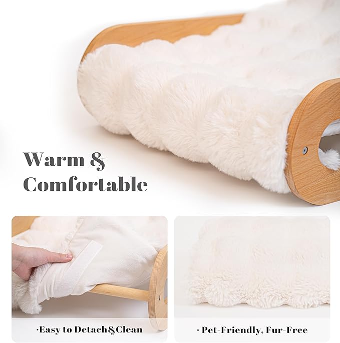 Elevated Cat Couch Bed for Indoor, Wooden Cats Sofa with Washable Fluffy Cover Raised Kitty Lounge Chair Suitable for Puppy(Cat Lounge Off-White)