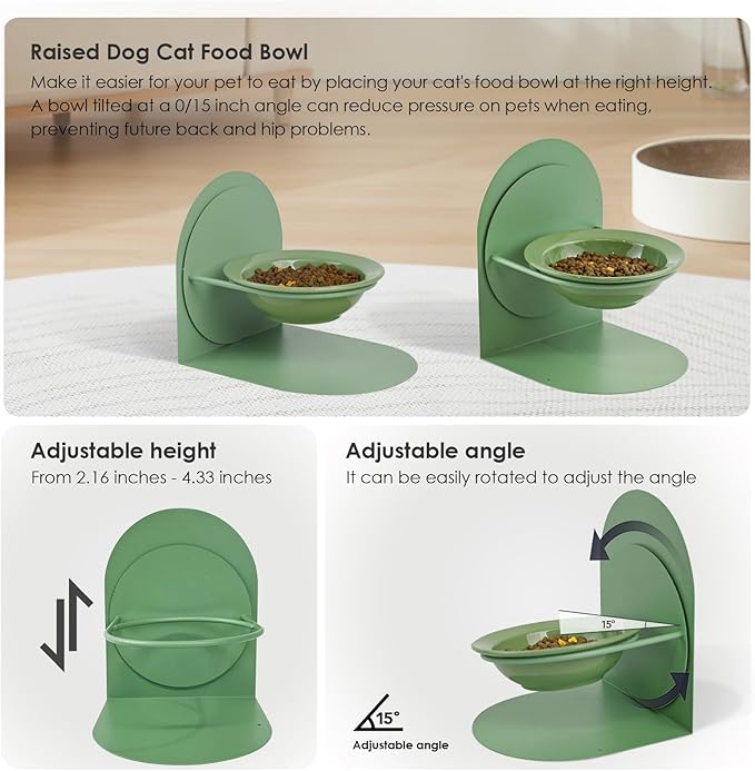 Adjustable Elevated Cat Bowl, Tilted Ceramic Cat Food Bowl with Metal Stand for Indoor Cats, Non-Spill & Non-Slip Raised Pet Feeder