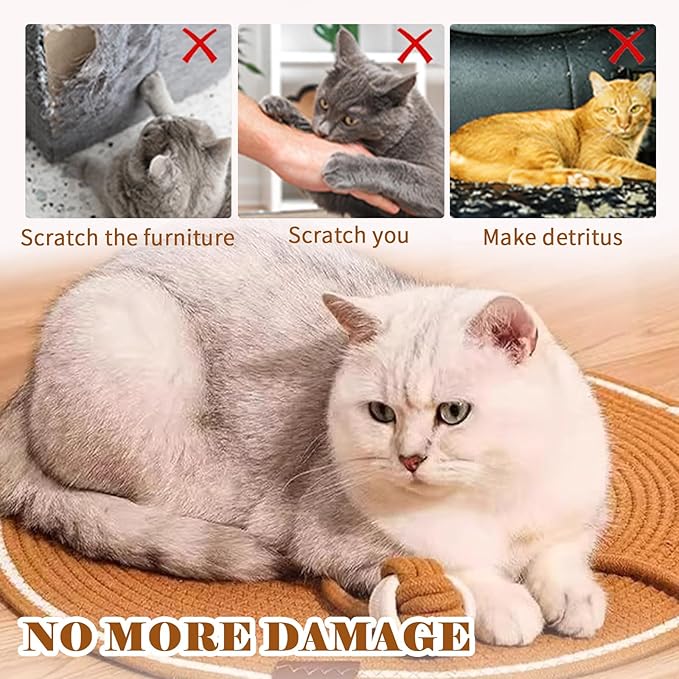 2-Pack Cat Scratching Mats, Natural Cotton Rope Scratch Pad with Ear Shape Hanging Hook and Play Ball, Furniture Protector for Wall, Floor, Sofa, Couch, Carpet, Brown