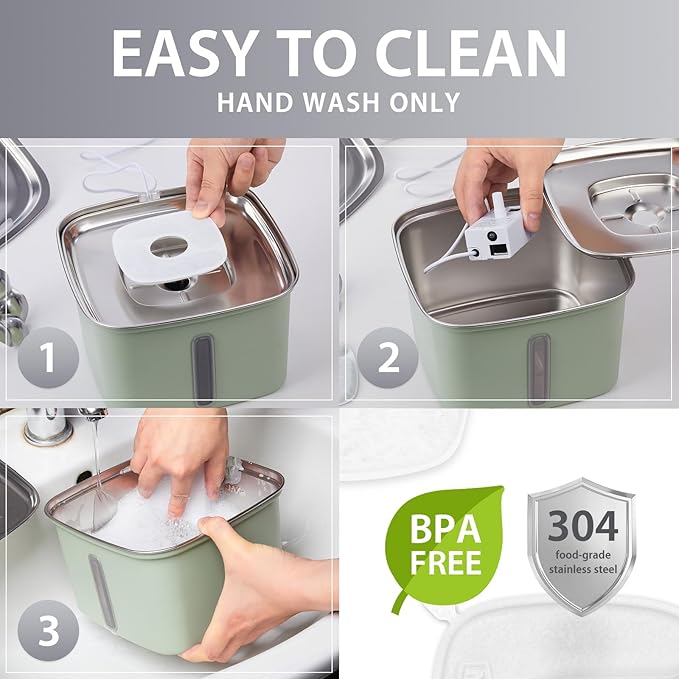 Veken Innovation Award Winner Stainless Steel Cat Water Fountain, 95oz/2.8L Automatic Pet Fountain Dog Water Dispenser with Replacement Filters & Silicone Mat for Cats, Dogs, Multiple Pets (Tea Green)