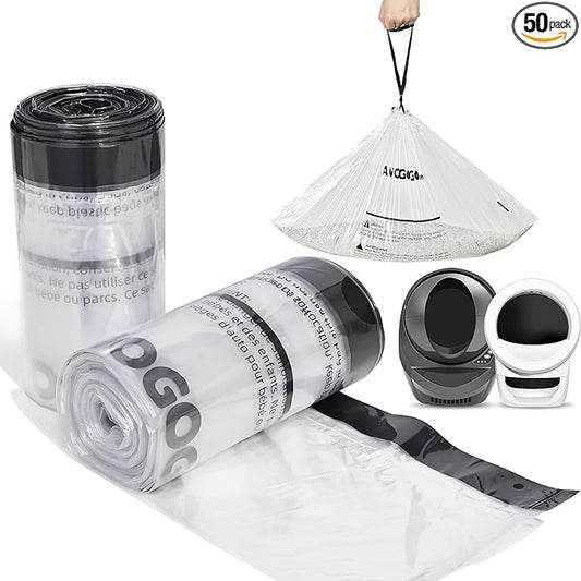 50 Pack Waste Bags, Compatible with Litter Robot 4 & 3, Drawstring Liners for Self Cleaning Litter Box, Clear Cat Litter Bags, Pre-Separated, Transparent, Replacement Bags, 26.4" x 15.8"