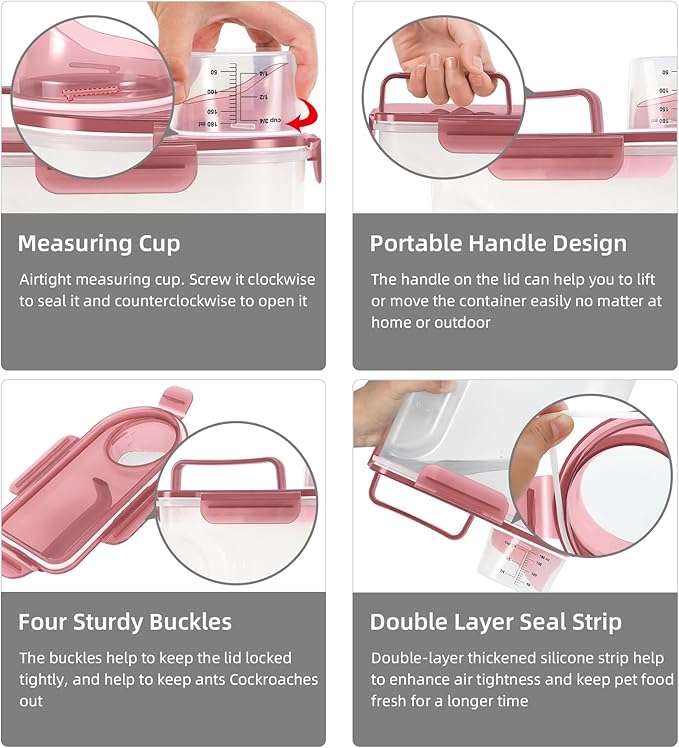 Dog Food Storage Container, Upgraded Large Nozzle BPA-free, 8-12 LBS Plastic Pet Food Storage Containers, With 4 Sealed Clasps, 1 Measuring Cup and Handle (2, Clear Pink, (3L+5L))