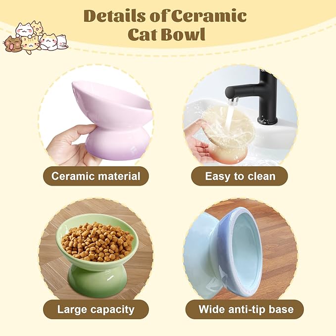 4Pcs Ceramic Raised Cat Bowl Elevated Cat Bowls Tilted Cat Food Dishes Pet Bowl Stand Feeder Cute Cats Bowl for Kittens Puppies Small Dog Whisker Fatigue Protect Kitten Spine(Gradient Color)