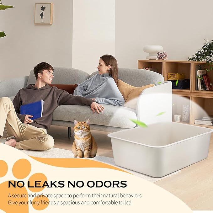 Stainless Steel Cat Litter Box - Metal High Sided Cat Pan, Large Khaki Gray Stainless Steel Box, Indoor Litter Tray, Non Stick, No Smell, Easy to Clean, Pet Toilet Supplies for Kitten, Kitty, Rabbit