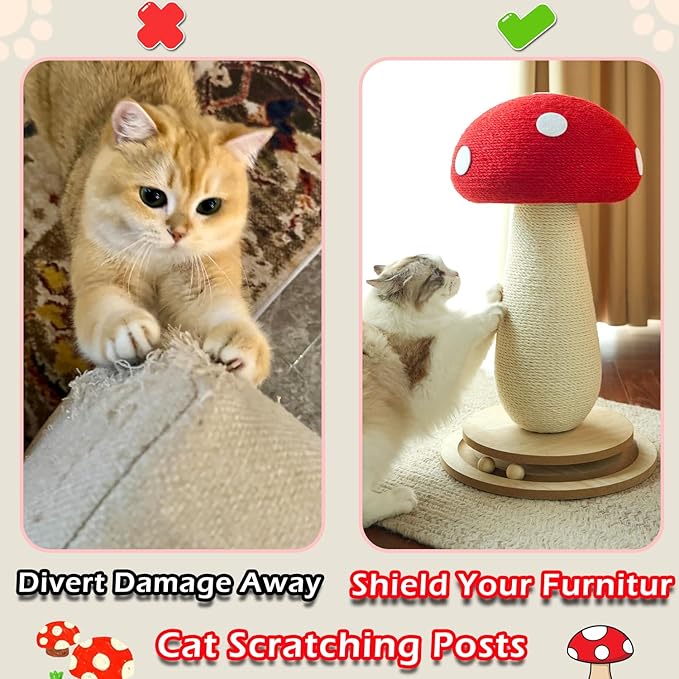 21‘’ H Cat Scratching Post,Cute Mushroom Cat Scratcher Post with Durable Solid Wood Turntable Toy,Mushroom Shape Design Cat Toy Cat Tree Scratcher for Indoor Cats