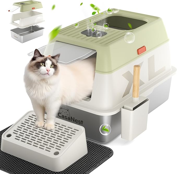 XL Extra Large Stainless Steel Cat Litter Box with Lid, 3-in-1 Enclosed/Open, Durable Metal Litter Box for Big, Multi Cats, Non-Stick, Odor Control, Easy Cleaning, Durable ABS Lid, Green