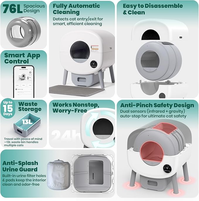 Self Cleaning Litter Box: Automatic Cat Box with App Control, Odor-Free Smart Cleaning System for Multiple Cats, Large Self-Cleaning Solution