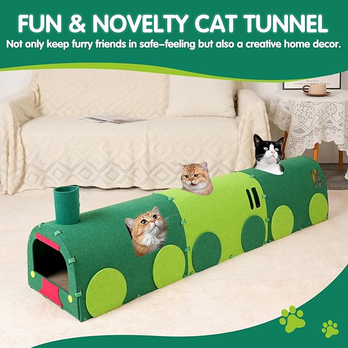 Cat Tunnel Train with Scratching Board, Cat Interactive Toys 51" Non-Foldable Rebound Felt Cute Pet Tube Round Indoor Pet Toy & Hideout for Small Medium Kitten