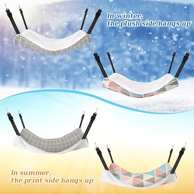 2 Pieces Reversible Cat Hanging Hammock Soft Breathable Pet Cage Hammock with Adjustable Straps and Metal Hooks Double Sided Hanging Bed for Small Dogs Rabbits(Geometry Pattern,L)