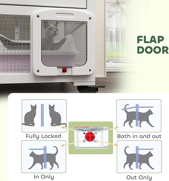 PawHut Indoor Wooden Catio, Cat House Cat Enclosure on Wheels with 3 Platforms, Hammock, Cat Flap Door & Openable Top, Luxury Kitty House for 2 Cats, 39", White