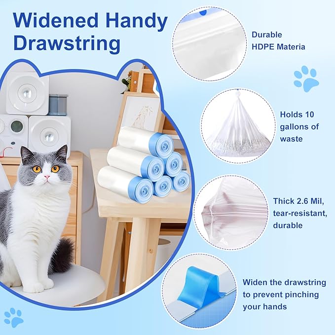 Thicken Cat Litter Bags 120 Pack, cat litter box liners, Leakproof Poop Bags & Waste Bags - Ultimate Odor Control and Leakproof Design,6 Rolls Drawstring Trash Bags for Automatic Litte(27x13 inches）