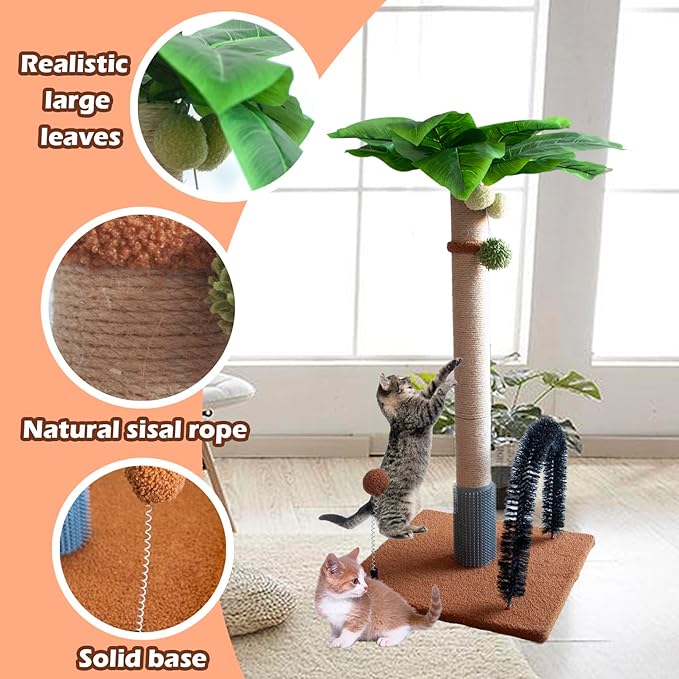Cat Scratching Posts with Self Groomer,29.5 Inch Tall Cat Scratcher Post Sisal Heavy Duty Kitty Scratch Tree and Hanging Balls Cute Kitten Palm Tree with Arch Grooming Brush for Kitties