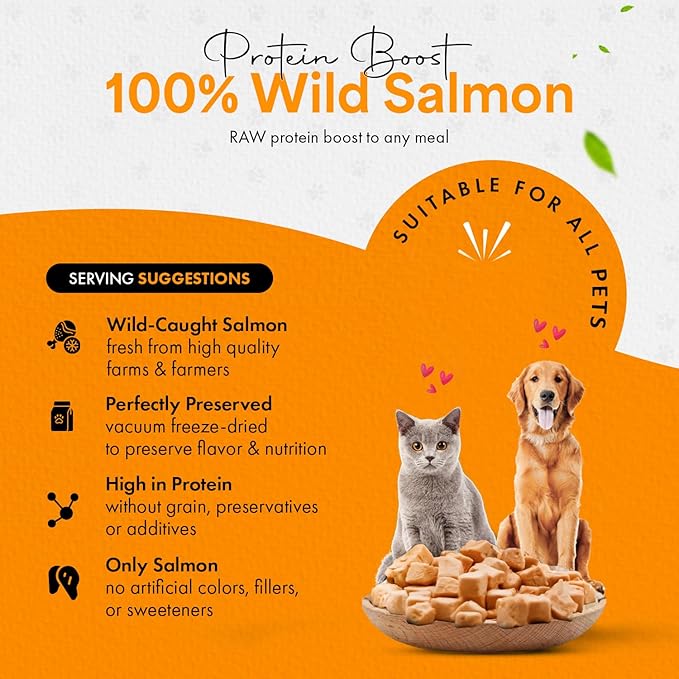 Freeze-Dried Salmon Treats for Cats & Dogs – 100% Wild Caught, Single Ingredient, High-Protein, Healthy Snack – No Additives or Preservatives – 2.6oz - Inspected & Tested in USA