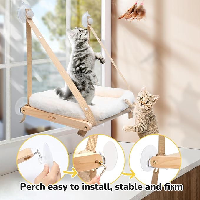CATISM Cushion Cat Window Perch - Hammock - Window - Seat - Home - Cat Bed for Small to Medium Indoor Cats, Wooden, Machine Washable Cover, Foldable (Khaki, Cushion Bed Cover)