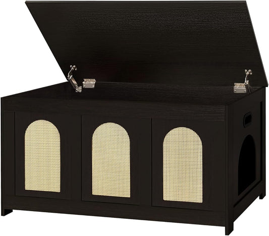 DINZI LVJ Cat Litter Box Enclosure, Flip Top Litter Box Furniture, Rattan-Like Hidden Cat Washroom, Wooden Pet House, End Side Table, 39.4"L x 19.7"W x 19.7"H, Easy to Assemble, Espresso with Rattan