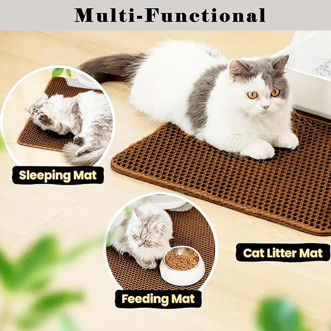 HCY&WLD Cat Litter Mat, Honeycomb Double Layer Cat Litter Trapping Mat, Waterproof Urine Proof Non-Slip, Scatter Control, Less Waste, Easier to Clean (Brown, 30" X 22")