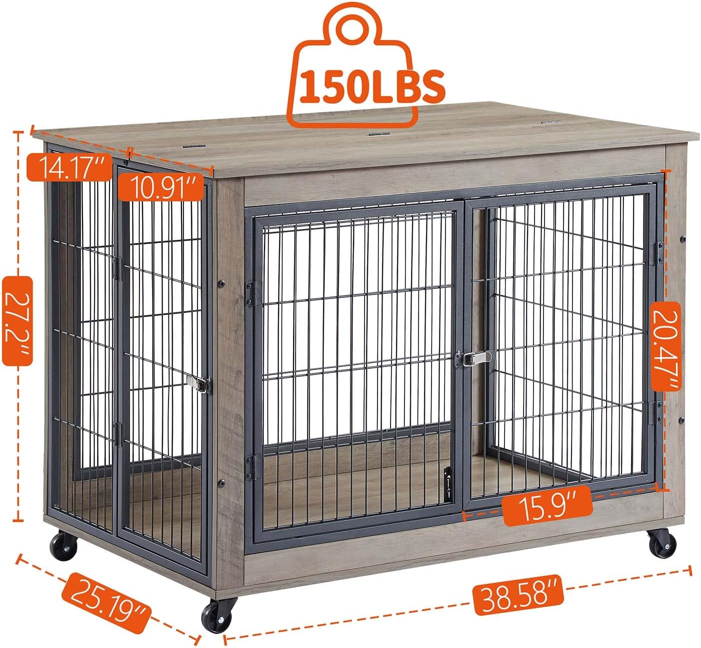 IchbinGo Wooden Dog Crate Furniture, 38.5" Dog Kennel with 3 Doors, Flip-up Top Opening and Wheels, Decorative Pet Crate Dog House for Large/Medium/Small Dog Indoor Use (Rustic Grey)