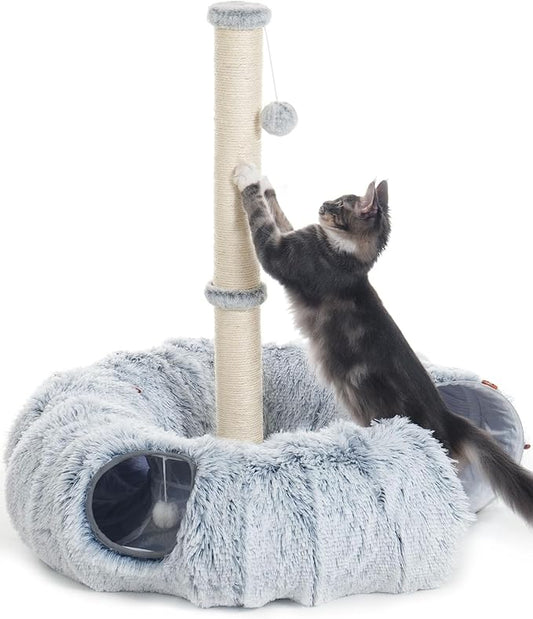 34'' Tall Cat Scratching Post with Tunnel Bed for Indoor Adults, Large Donut Tunnel, Fluffy Plush Peekaboo Cat Cave, Multifunctional Playground for All Cats