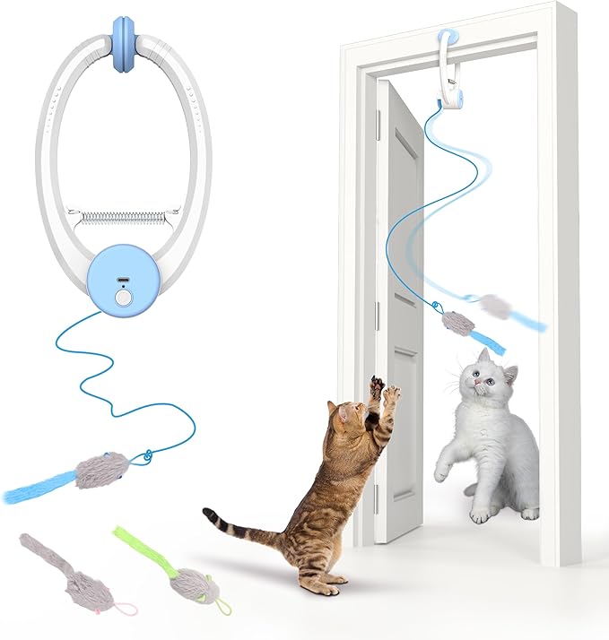 Interactive Cat Toys Rechargeable, Feather Toy for Indoor Cat, Hanging Retractable Teaser Toy, Automatic Kitten Play Chase Exercise Toys with Three Plush Mouse, USB Powered (Blue)