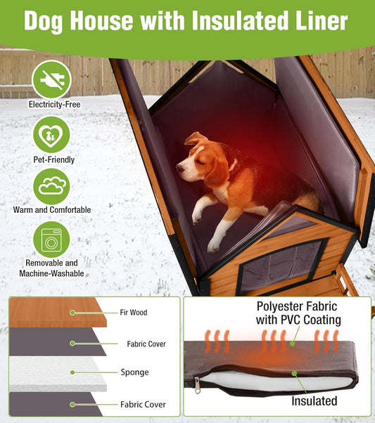 GUTINNEEN Insulated Dog House Outdoor, Waterproof Dog Kennel with Anti-Bite Design, Asphalt Roof, Elevated Base, PVC Curtain, for Small to Medium Dogs - Brown