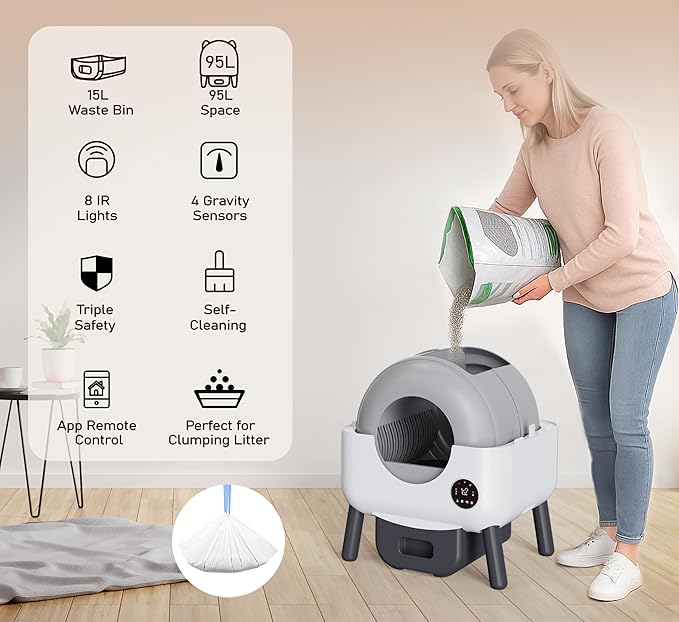 Automatic Self Cleaning Litter Box, MeowWhimsy Extra Large Automatic Cat Litter Box Self Cleaning Robot S7 for Cats, Smart Safety Sensors-App Control-Low Noise, Washable Tray,40 pcs Trash Bag